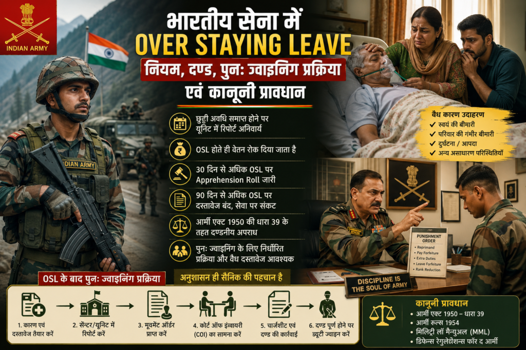 भारतीय सेना में ओवर स्टेइंग लीव (Over Staying Leave - OSL) : नियम, दण्ड, पुनः ज्वाइनिंग प्रक्रिया एवं कानूनी प्रावधान